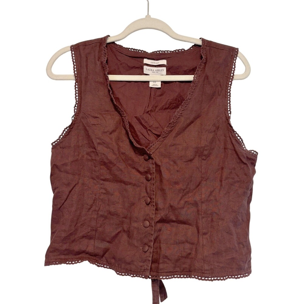 Laura Ashley Linen Cottagecore Button-Front Vest Top Brown Size Medium